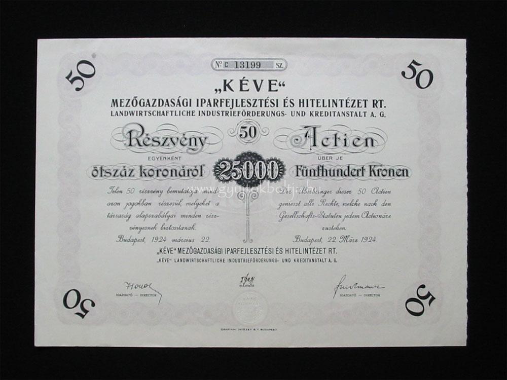 KÉVE Mezõgazdaság Iparfejlesztés Hitelintézet részvény 50x 1924